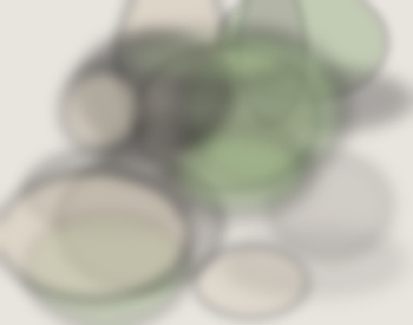 Soft organic overlapping shapes in sage green, warm grey, sand, and charcoal