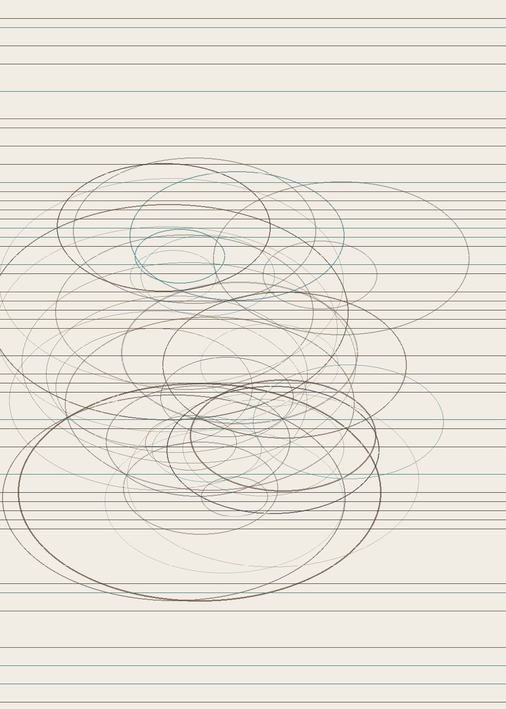 Abstract woven grid lines in earth brown, cream, teal, and charcoal suggesting a topographic map